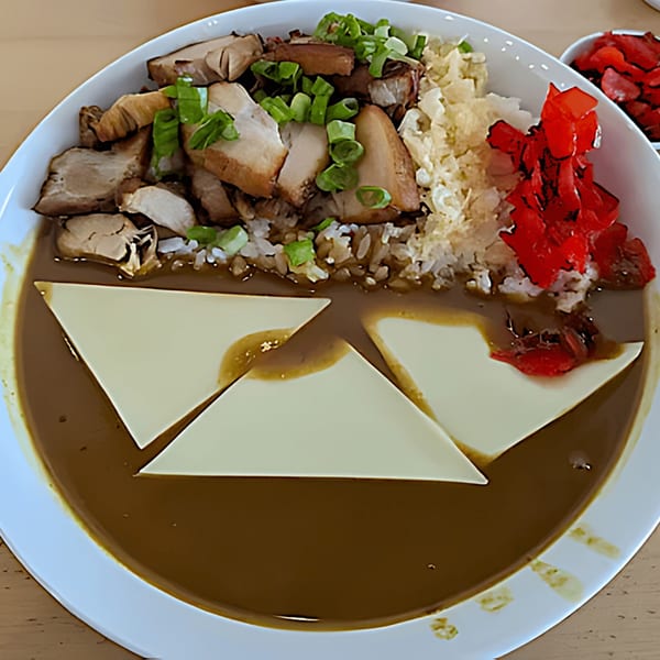 Japanese curry with sliced chicken, rice, pickled ginger, and cheese triangles in a white bowl.